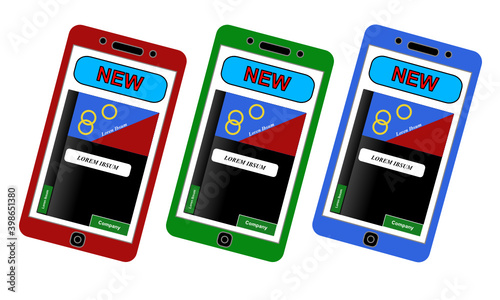 Drei nach rechts geneigte Smartphones in den RGB Farben rot, grün und blau vor weißem Hintergrund