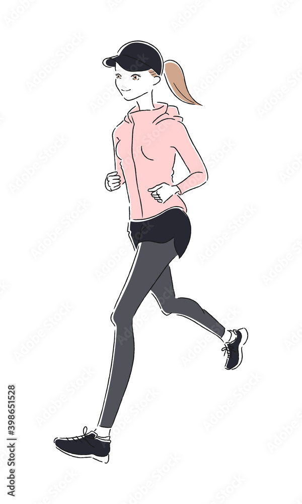 ランニングしてる若い女性のイラスト。健康の為に走ってる女性。