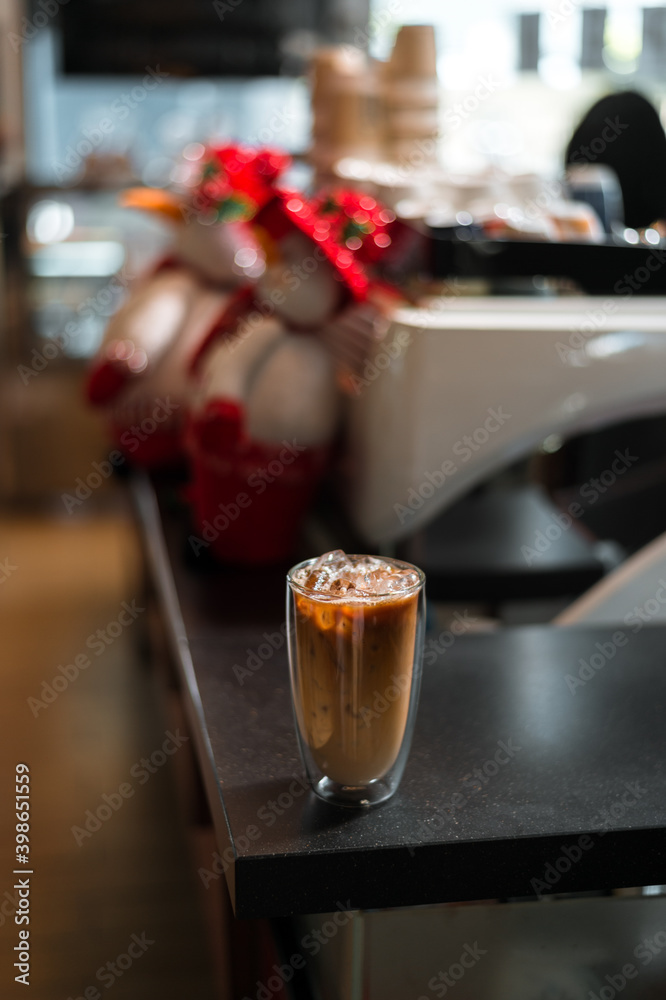 iced coffee latte on christmas holidays display background 
