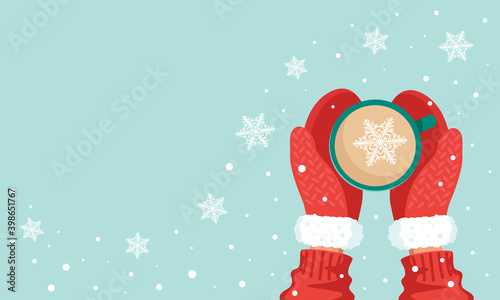 Cup with a hot drink and hands in red mittens top view, snowflakes. The concept of winter New Year and Christmas comfort. Vector stock illustration with copy space.