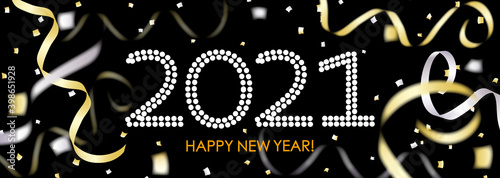 2021年　黒い背景に金銀の紙吹雪やテープが舞うイラスト