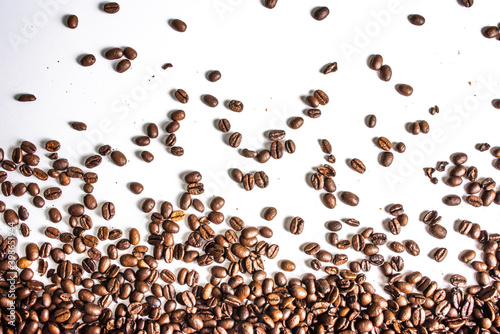 Panoramic coffee beans border isolated on white background	