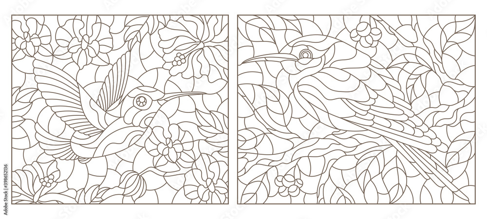 Set of contour illustrations of stained glass Windows with Hummingbird birds and flowers, dark outlines on a white background, rectangular images