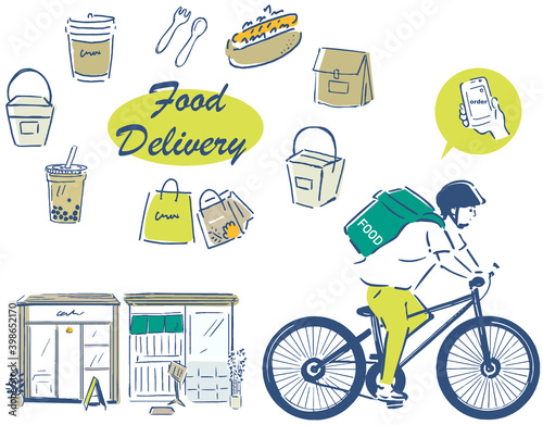 レストランの街並みとフードデリバリー宅配員のイラストセット Illustration set of restaurant cityscape and food delivery courier