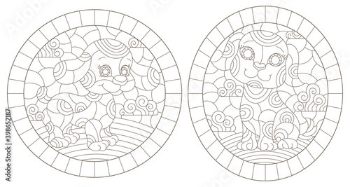 Set of outline illustrations in the style of stained glass with abstract dogs , dark outlines on white background, oval images
