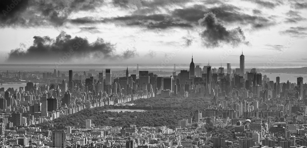 Amazing aerial view of Manhattan skyline from helicopter, New York City