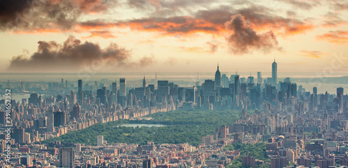 Amazing aerial view of Manhattan skyline from helicopter  New York City