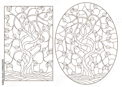 Set contour illustrations of stained glass with the images of the trees, dark outlines on a white background
