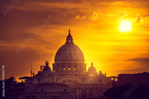 The dome of St peter's basilica at sunset in Rome,Vatican