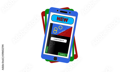 Drei verdreht übereinander liegende Smartphones in den RGB Farben rot, grün und blau vor weißem Hintergrund