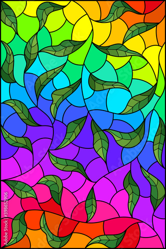 Illustration in stained glass style with green intertwined leaves on a bright rainbow background
