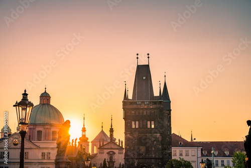 Charles bridge tower in Prague on sunrise, Czech Republic