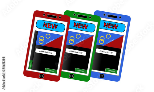 Drei nach rechts verschachtelte übereinander liegende Smartphones in den RGB Farben rot, grün und blau vor weißem Hintergrund