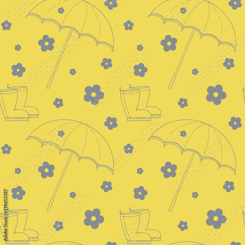 Seamless vector pattern with cute hand drawn umbrella, rain boot and flower in trendy colors Pantone 2021 Illuminating yellow, Ultimate Gray. Line objects. For design print, textile, fabric, packaging