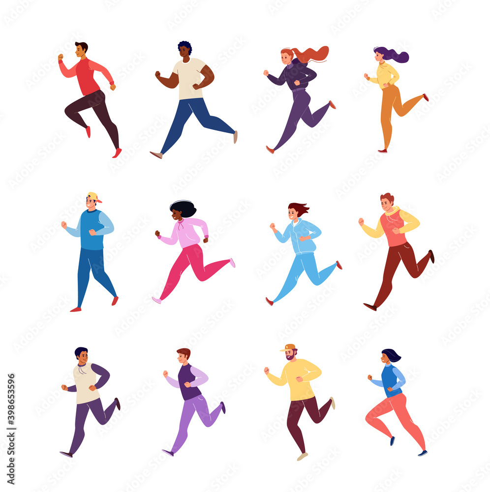 Set of Running Male and Female Characters Athletes in Tracksuits Isolated on White Background. Vector Flat Cartoon.