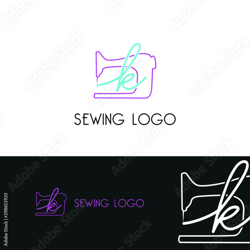 Initial k letter typography with sewing machine for tailor, craft, hand made, fashion business logo