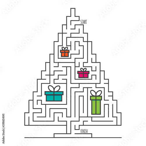 Christmas tree maze labyrinth game for kids. Labyrinth logic conundrum. One entrance and one right way to go. Vector flat illustration