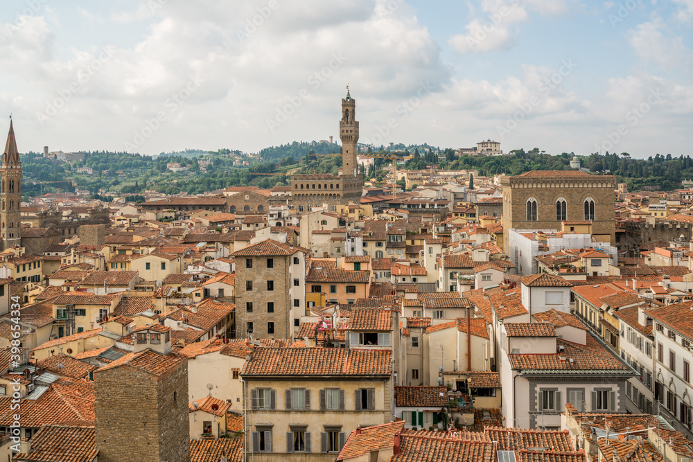 Aerial view of Florence city skyline, Palazzo Vecchio in a sunny day, Italy