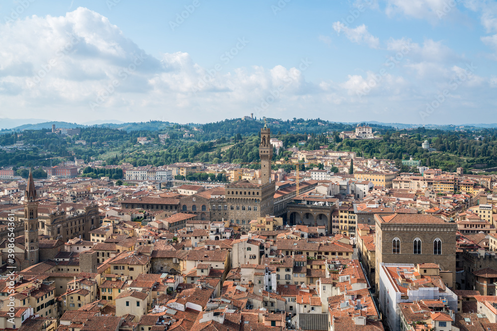 Aerial view of Florence city skyline, Palazzo Vecchio in a sunny day, Italy