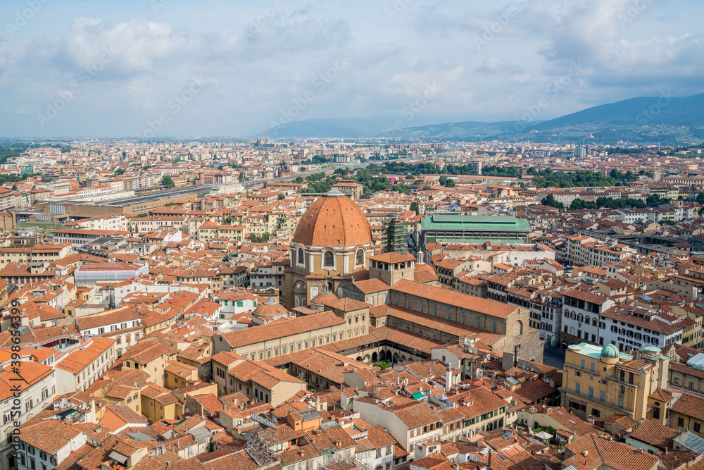 Aerial view of Florence city skyline, Basilica di San Lorenzo in a sunny day, Italy