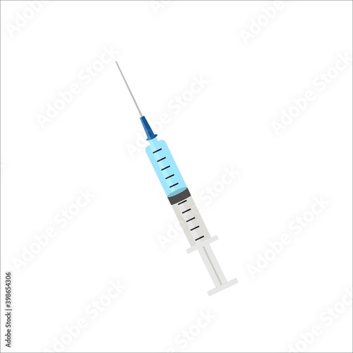 Medical syringe icon. The Syringe is filled with a vaccine solution. Vector Illustration of medical syringe with needle