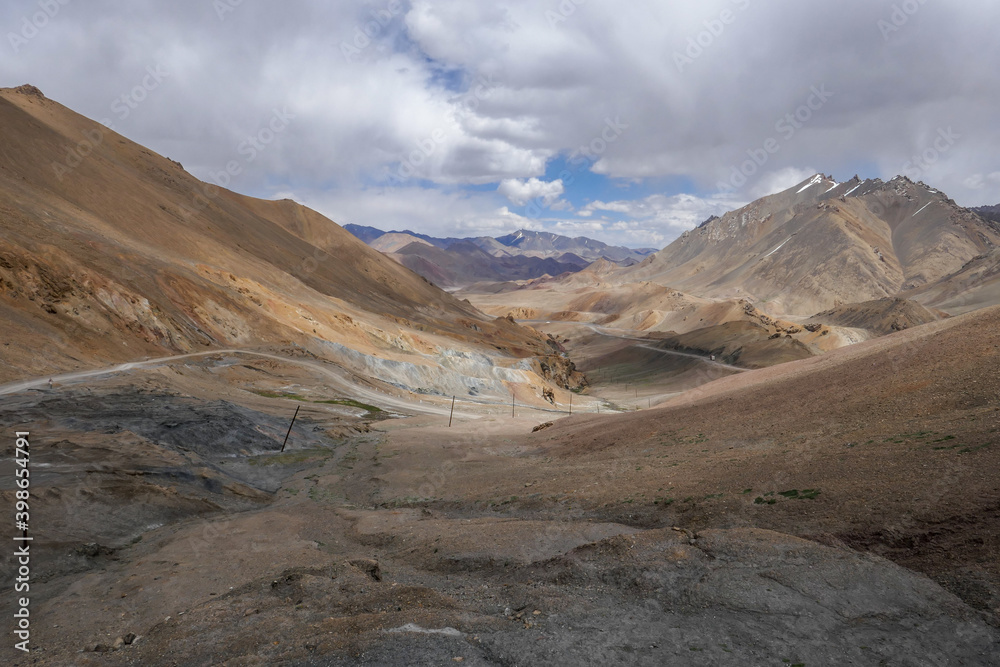 Spectacular painterly pastel view to the south from high-altitude Ak Baital pass, highest on the Pamir Highway, Murghab district  in Gorno-Badakshan, Tajikistan