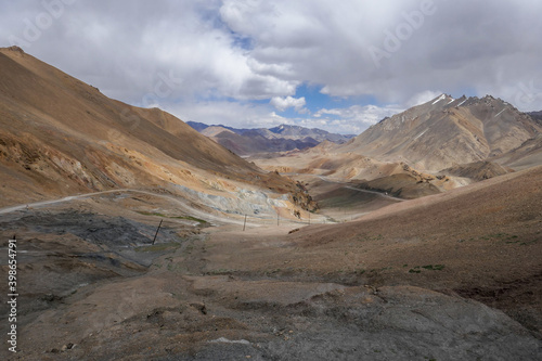 Spectacular painterly pastel view to the south from high-altitude Ak Baital pass, highest on the Pamir Highway, Murghab district in Gorno-Badakshan, Tajikistan