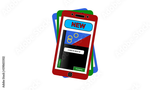 Drei verdreht übereinander liegende Smartphones in den RGB Farben rot, grün und blau vor weißem Hintergrund