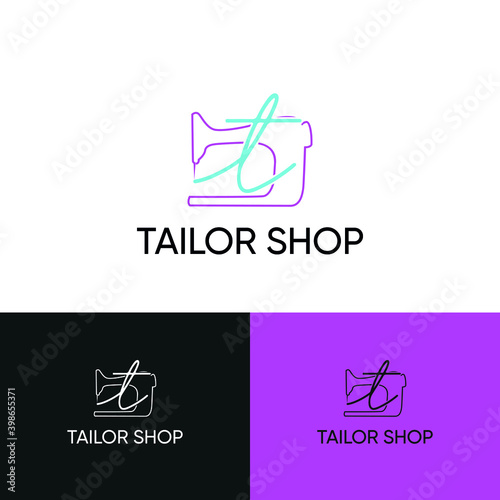 Initial t letter typography with sewing machine for tailor, craft, hand made, fashion business logo