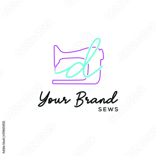 Initial d letter typography with sewing machine for tailor, craft, hand made, fashion business logo