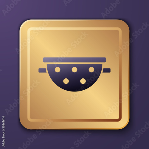 Purple Kitchen colander icon isolated on purple background. Cooking utensil. Cutlery sign. Gold square button. Vector.