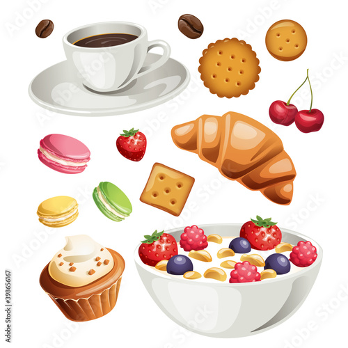 Healthy breakfast high detailed food elements icons set.