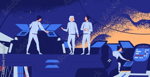Astronauts aboard of spacecraft. Interstellar spaceship crew on the bridge. Futuristic scene of spacefaring. Flat vector textured cartoon illustration or space exploration team in starship.