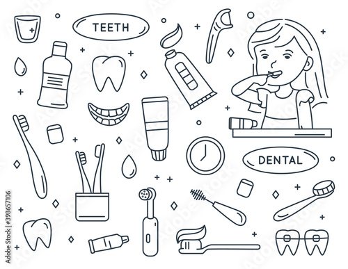Children dental care doodle element set. Girl brush teeth.