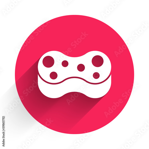 White Sponge icon isolated with long shadow. Wisp of bast for washing dishes. Cleaning service logo. Red circle button. Vector.