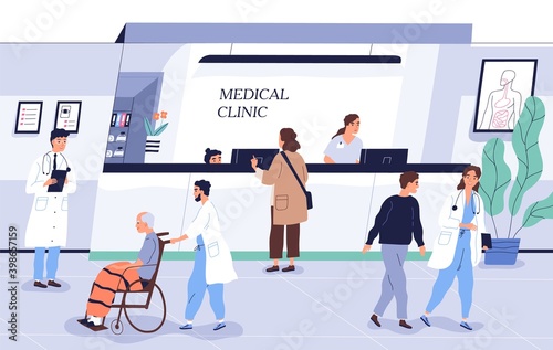 Doctors and patients at clinic. People talking with specialists at reception in hospital. Characters consulting with staff and making appointment at medical center. Flat vector cartoon illustration