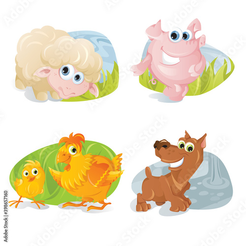 Vector farm animals in cool cartoon sticker style.