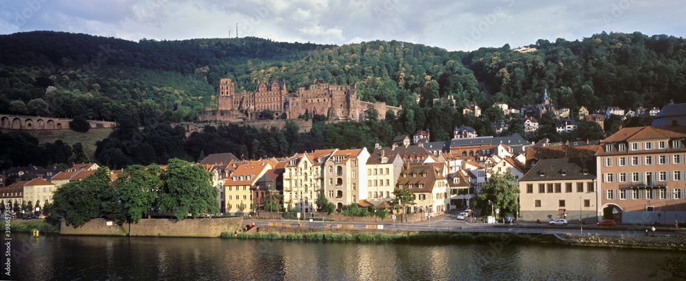 Aerial view of Heidelberg old town and Castle along the river Neckar during Springtime in Heidelberg, Germany