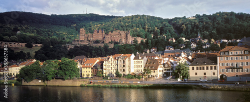 Aerial view of Heidelberg old town and Castle along the river Neckar during Springtime in Heidelberg, Germany