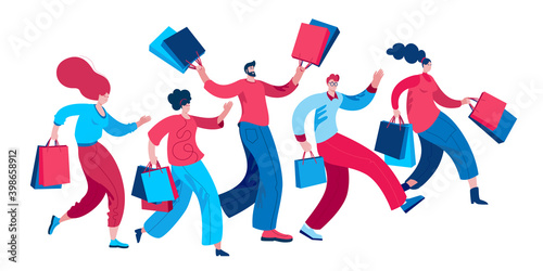 Characters coming with packages from stores. People shopping at the Mall