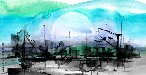 Watercolor art illustration. splash of paint, stain. Silhouettes industrial city zone, urban landscape, sun, moon, sunset. Watercolor logo, drawing. Construction, crane, silhouette of the port.