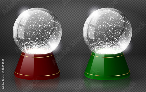 Red and green vector snow globe empty template isolated on transparent background. Christmas magic ball. White glass ball dome with golden lines on stand. Winter holiday crystal, snow inside. Xmas toy