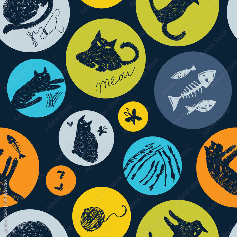 Obraz premium Vector blue colourful mystery cat pen sketch seamless pattern in circles. Perfect for fabric, scrapbooking and wallpaper projects.