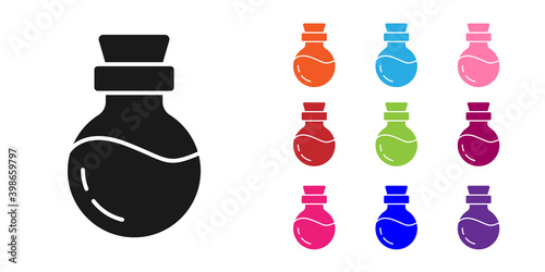 Black Bottle with potion icon isolated on white background. Flask with magic potion. Happy Halloween party. Set icons colorful. Vector.