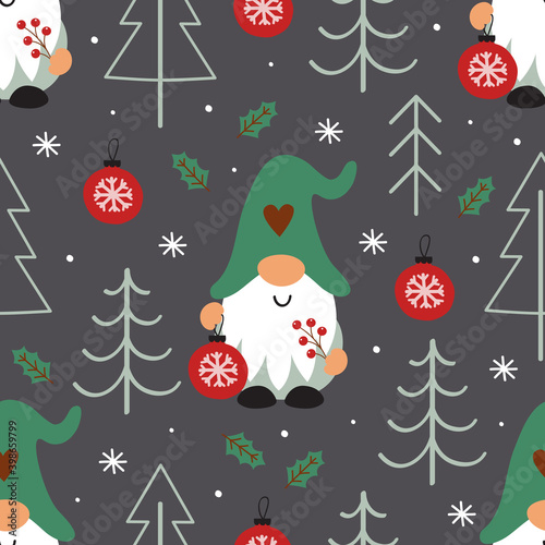 seamless pattern with  Christmas gnome, Christmas trees and Christmas ball