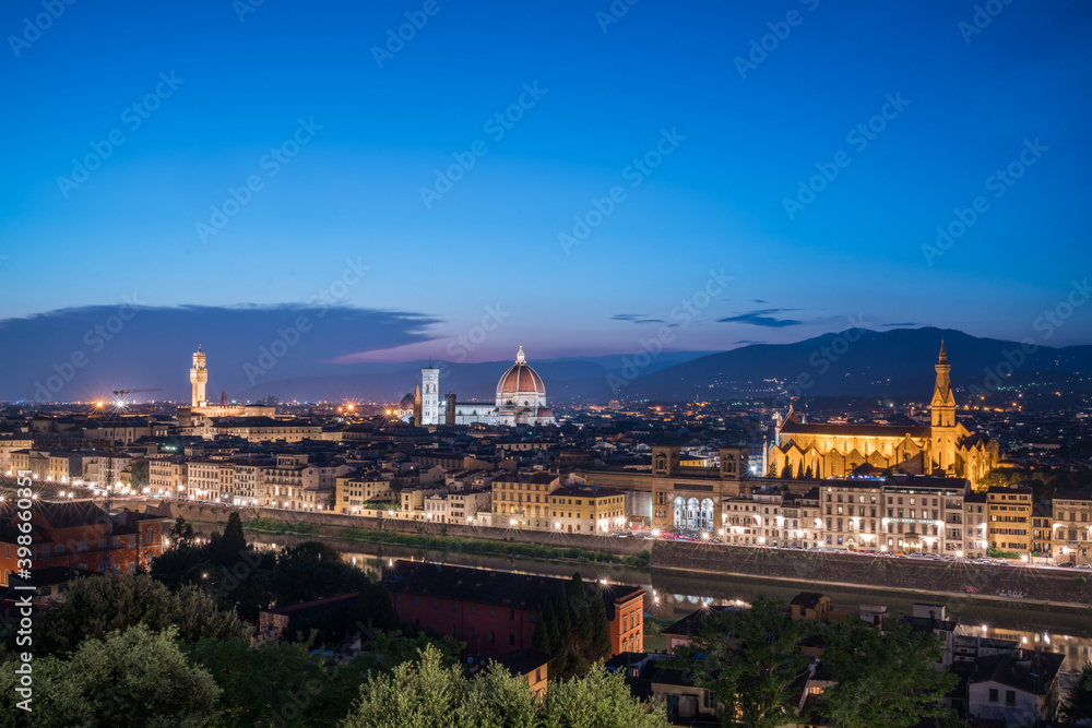 Panoramic landscapes of Florence cityscape. Night view of the skyline with Cattedrale di Santa Maria del Fiore.