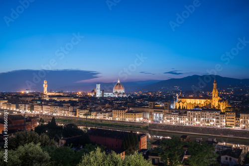 Panoramic landscapes of Florence cityscape. Night view of the skyline with Cattedrale di Santa Maria del Fiore.