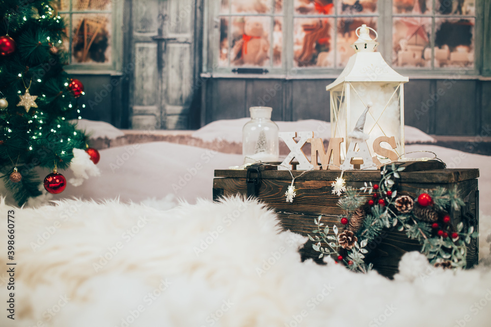 Vintage Christmas background with lights and decorations. 