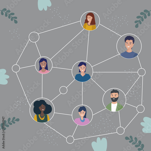 The scheme of interaction and organization of teamwork. A combined group of people working together. Connecting people through computer networks. Social media marketing