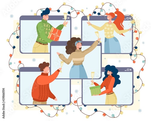 The guy and the girl congratulate their friend friend on Christmas online. Online New Years celebration, party. Virtual sending of gifts.